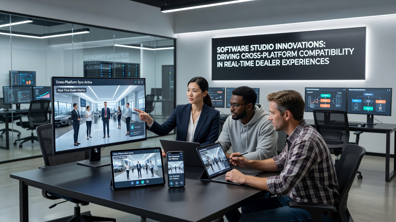 Live dealer studio with multiple camera angles feeding into synchronized software interfaces for cross-platform play