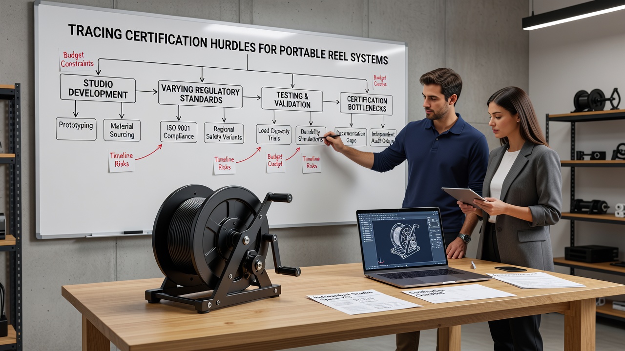 Engineers reviewing certification documentation for reel system components at an international standards meeting